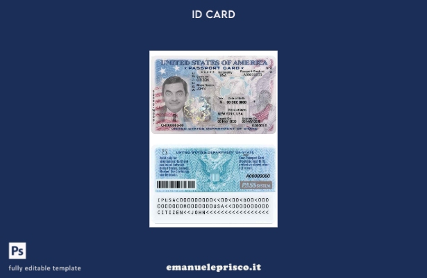 Modello PSD della carta d'identità del passaporto USA in stile verificato, compl